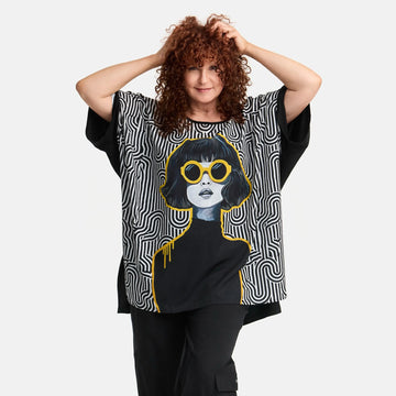  Frenzi Bigshirt in kastiger Form, aus Viskose, F9509, Schwarz-Print, Schick, Modern, Bequem, Schick