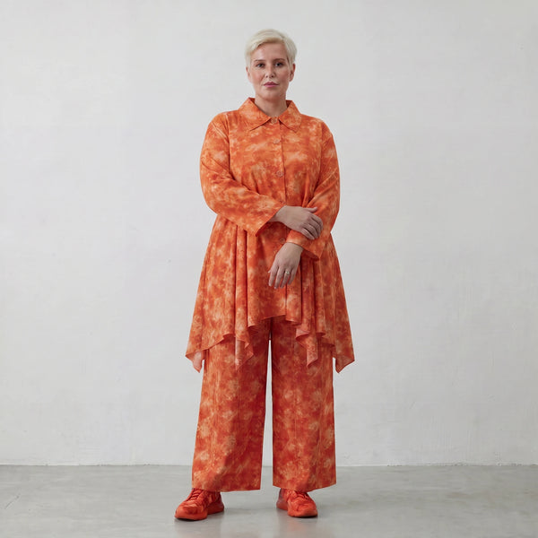 Ausgefallene Glockenform Bluse im lässigen Lagenlook aus leichter Baumwoll Popeline, Batik, Orange