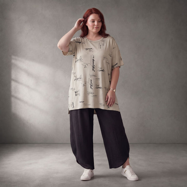Damen Shirt Lagenlook Baumwolle Beige, A-Form, Kurzarm, Seitenschlitze, Oversize große Größen – Funky Diva