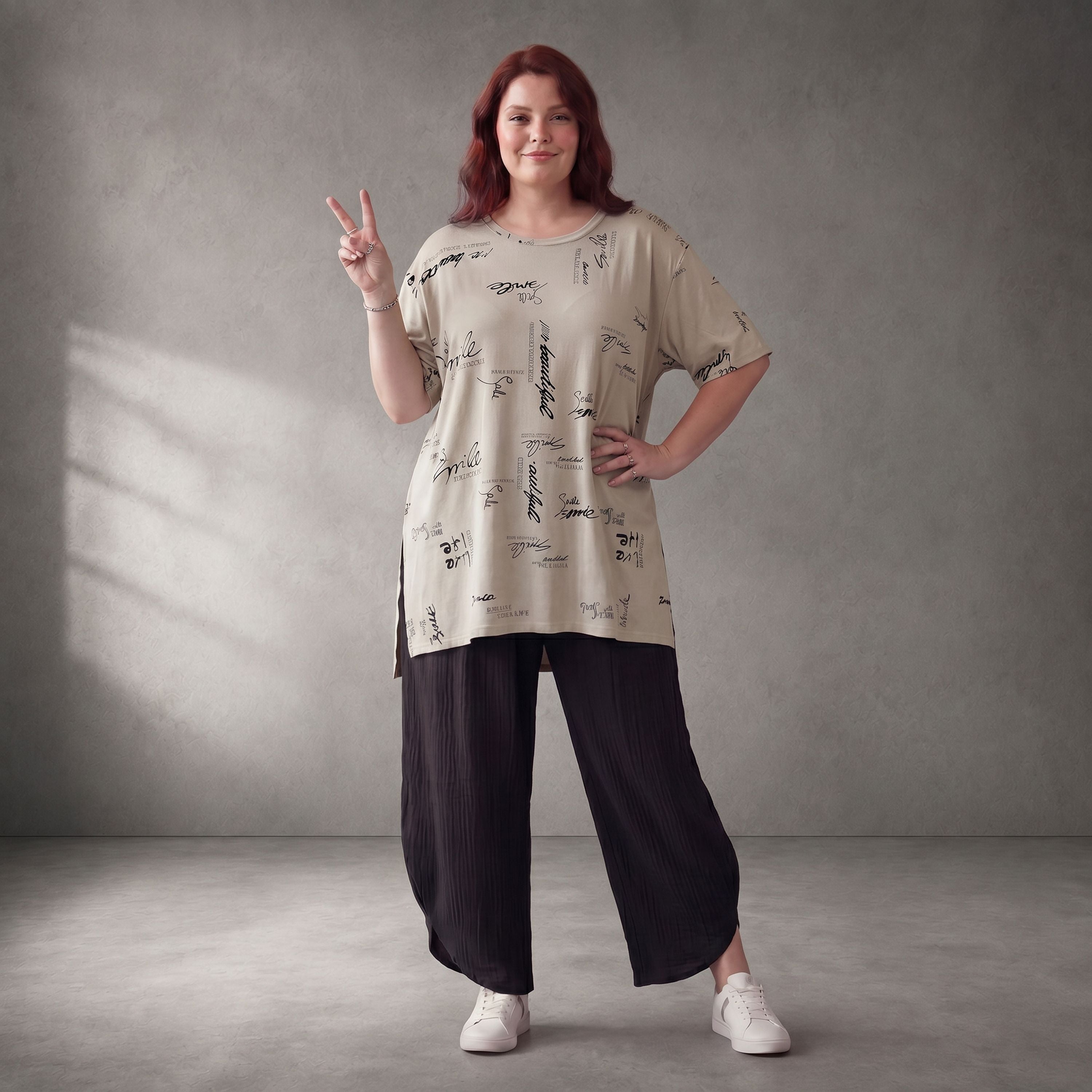 Damen Shirt Lagenlook Baumwolle Beige, A-Form, Kurzarm, Seitenschlitze, Oversize große Größen – Funky Diva