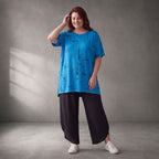 Damen Shirt Lagenlook Baumwolle Türkis/Schwarz, A-Form, Kurzarm, Seitenschlitze, Oversize große Größen – Funky Diva
