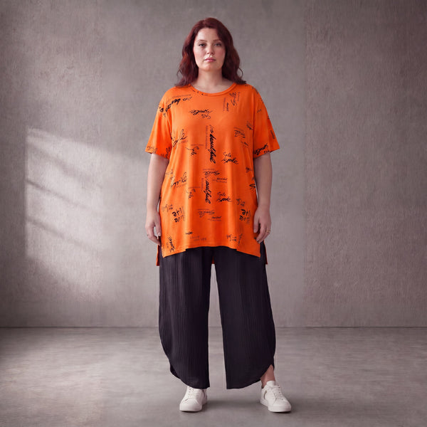 Damen Shirt Lagenlook Baumwolle Orange/Schwarz, A-Form, Kurzarm, Seitenschlitze, Oversize große Größen – Funky Diva