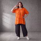 Damen Shirt Lagenlook Baumwolle Orange/Schwarz, A-Form, Kurzarm, Seitenschlitze, Oversize große Größen – Funky Diva