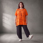 Damen Shirt Lagenlook Baumwolle Orange/Schwarz, A-Form, Kurzarm, Seitenschlitze, Oversize große Größen – Funky Diva