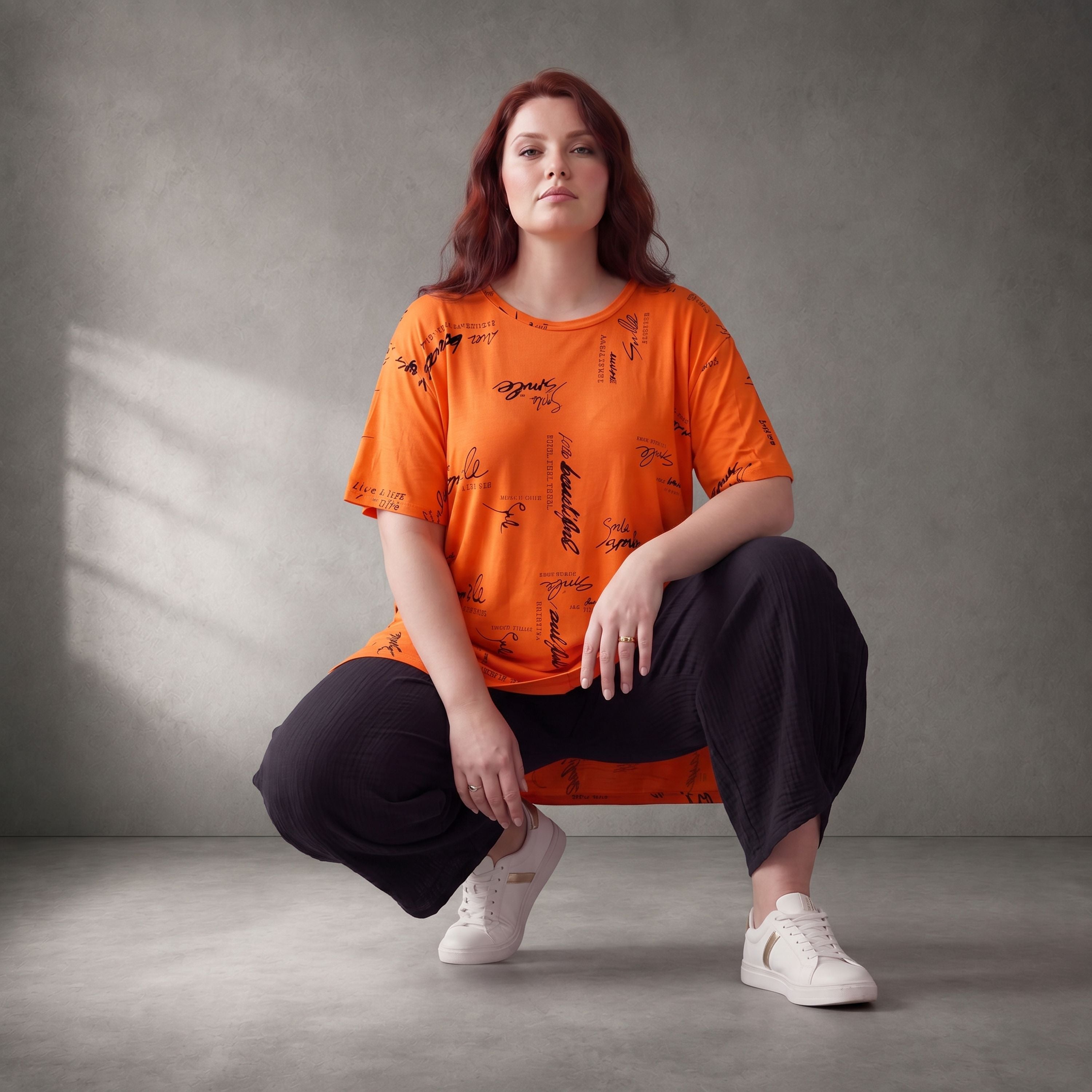 Damen Shirt Lagenlook Baumwolle Orange/Schwarz, A-Form, Kurzarm, Seitenschlitze, Oversize große Größen – Funky Diva