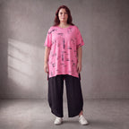Damen Shirt Lagenlook Baumwolle Rosa/Schwarz, A-Form, Kurzarm, Seitenschlitze, Oversize große Größen – Funky Diva