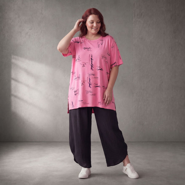 Damen Shirt Lagenlook Baumwolle Rosa/Schwarz, A-Form, Kurzarm, Seitenschlitze, Oversize große Größen – Funky Diva