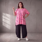 Damen Shirt Lagenlook Baumwolle Rosa/Schwarz, A-Form, Kurzarm, Seitenschlitze, Oversize große Größen – Funky Diva