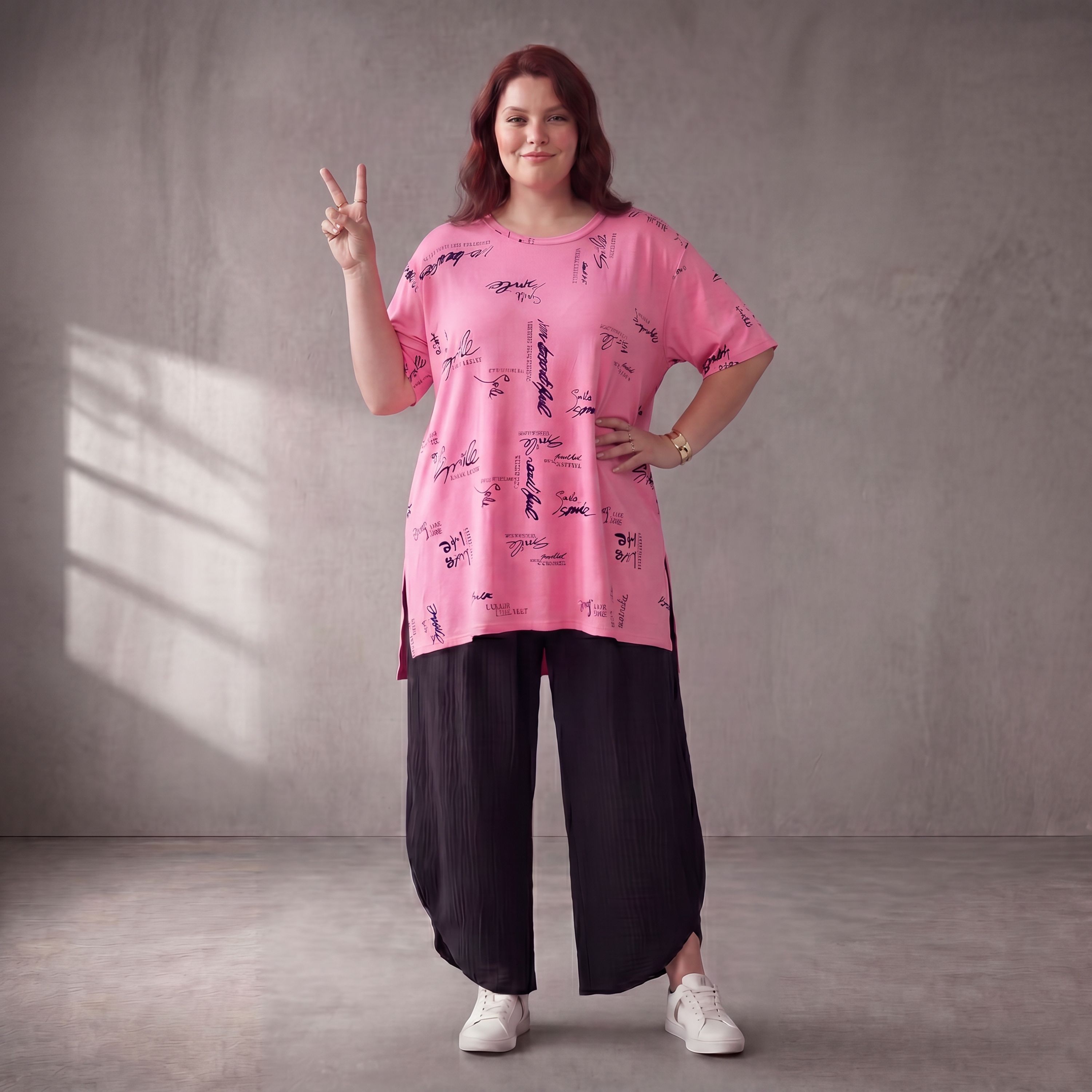 Damen Shirt Lagenlook Baumwolle Rosa/Schwarz, A-Form, Kurzarm, Seitenschlitze, Oversize große Größen – Funky Diva