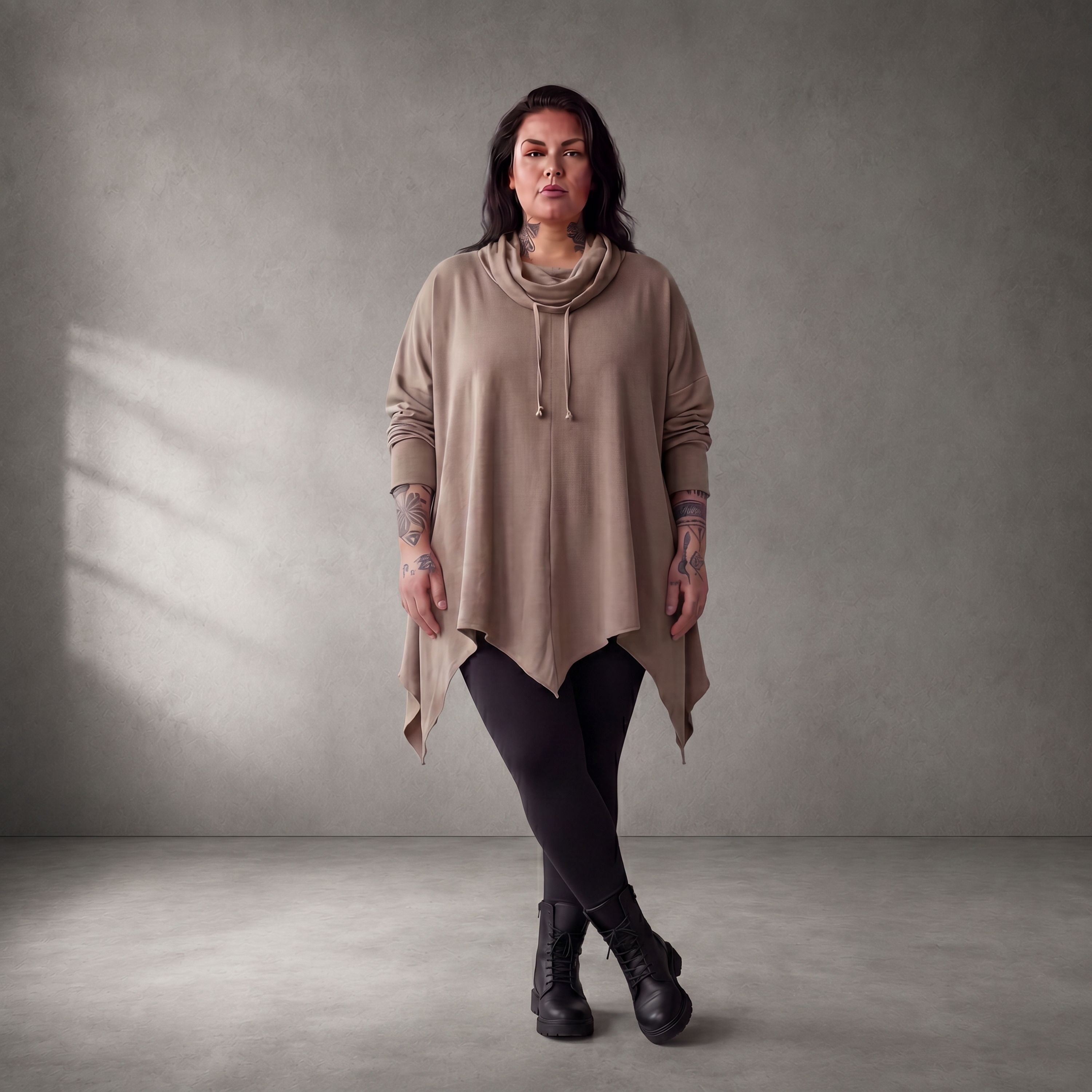 Damen Shirt Lagenlook Baumwolle Beige, A-Linie, Rollkragen, Oversize große Größen – Funky Diva