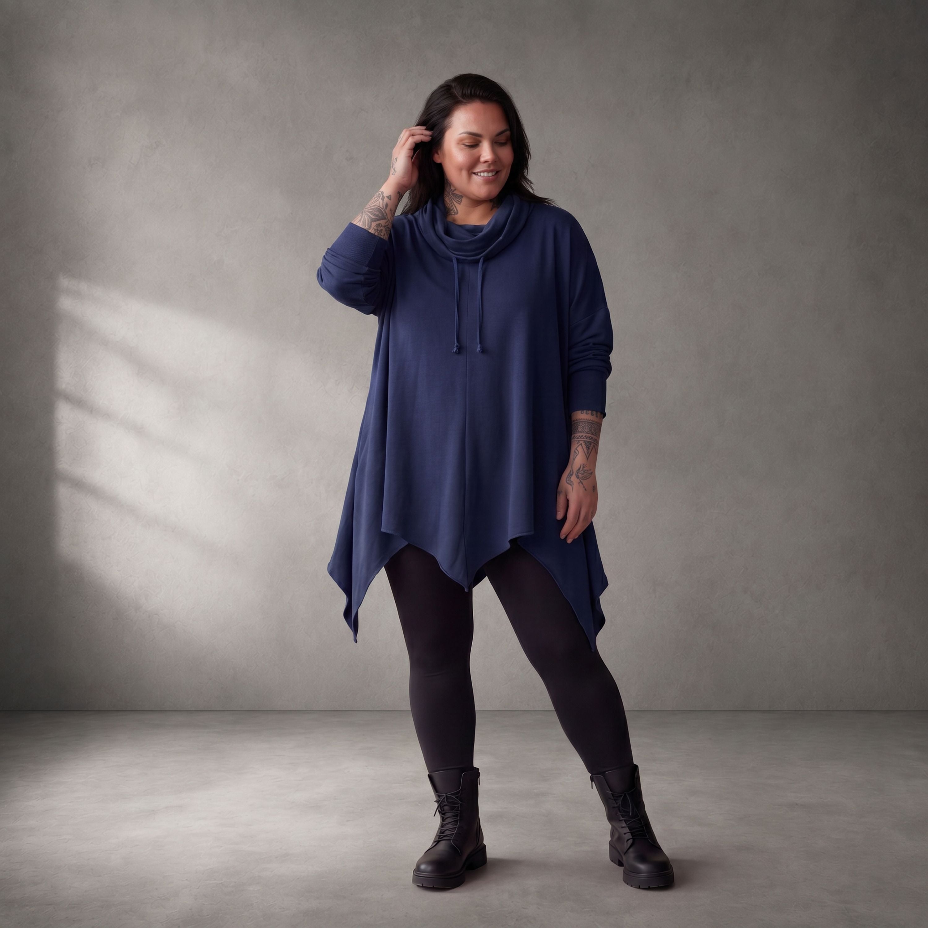Damen Shirt Lagenlook Baumwolle Dunkelblau, Rollkragen, Oversize große Größen – Funky Diva