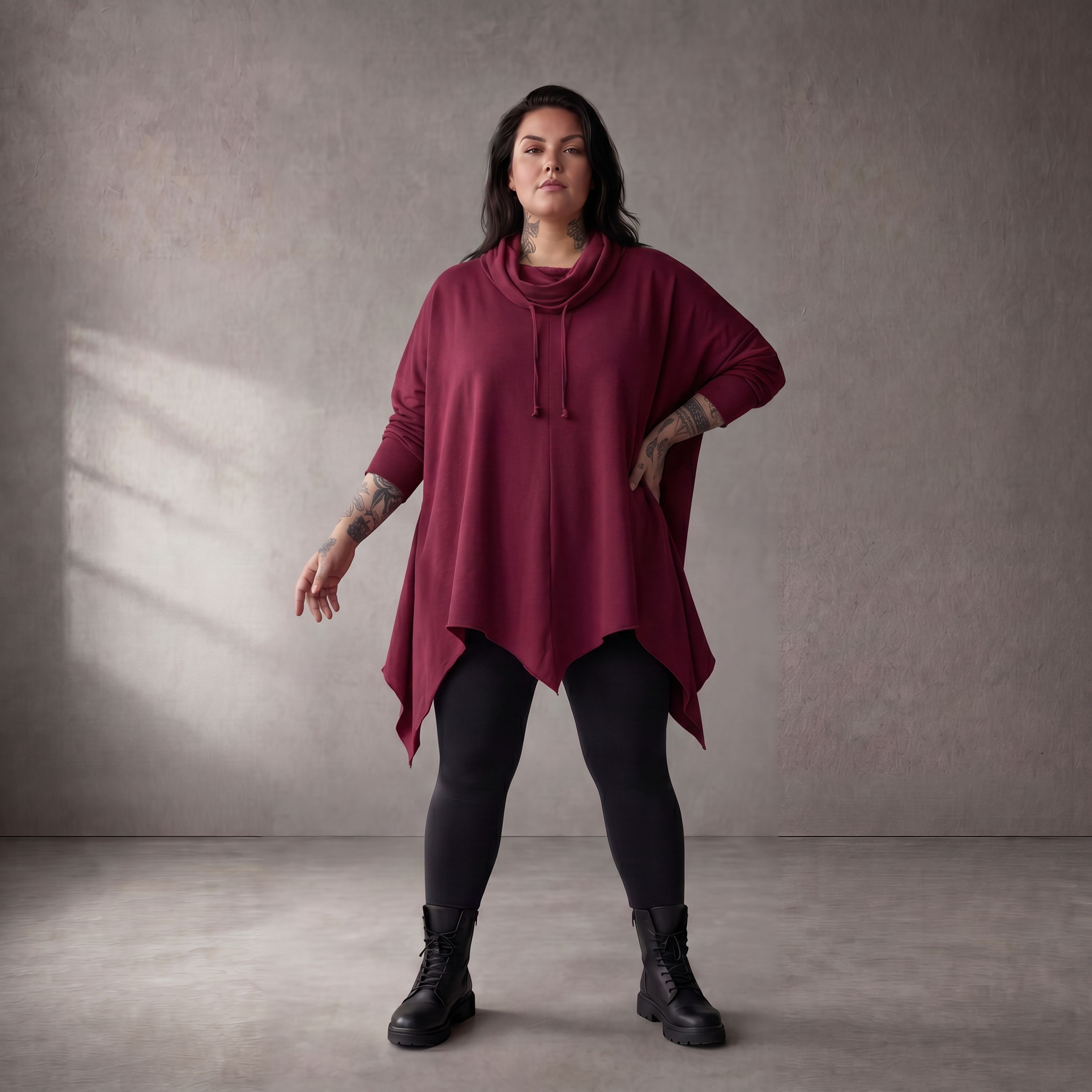 Damen Shirt Lagenlook Baumwolle Bordeaux, Rollkragen, Oversize große Größen – Funky Diva