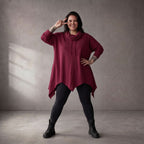 Damen Shirt Lagenlook Baumwolle Bordeaux, Rollkragen, Oversize große Größen – Funky Diva