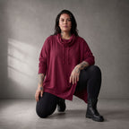 Damen Shirt Lagenlook Baumwolle Bordeaux, Rollkragen, Oversize große Größen – Funky Diva