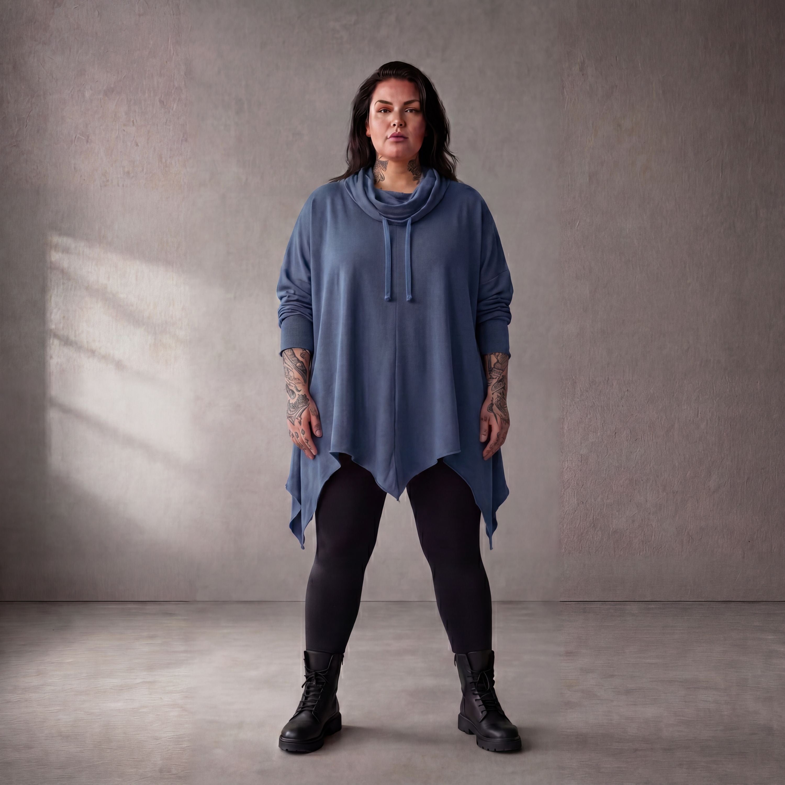 Damen Shirt Lagenlook Baumwolle Jeansblau, Rollkragen, Oversize große Größen – Funky Diva