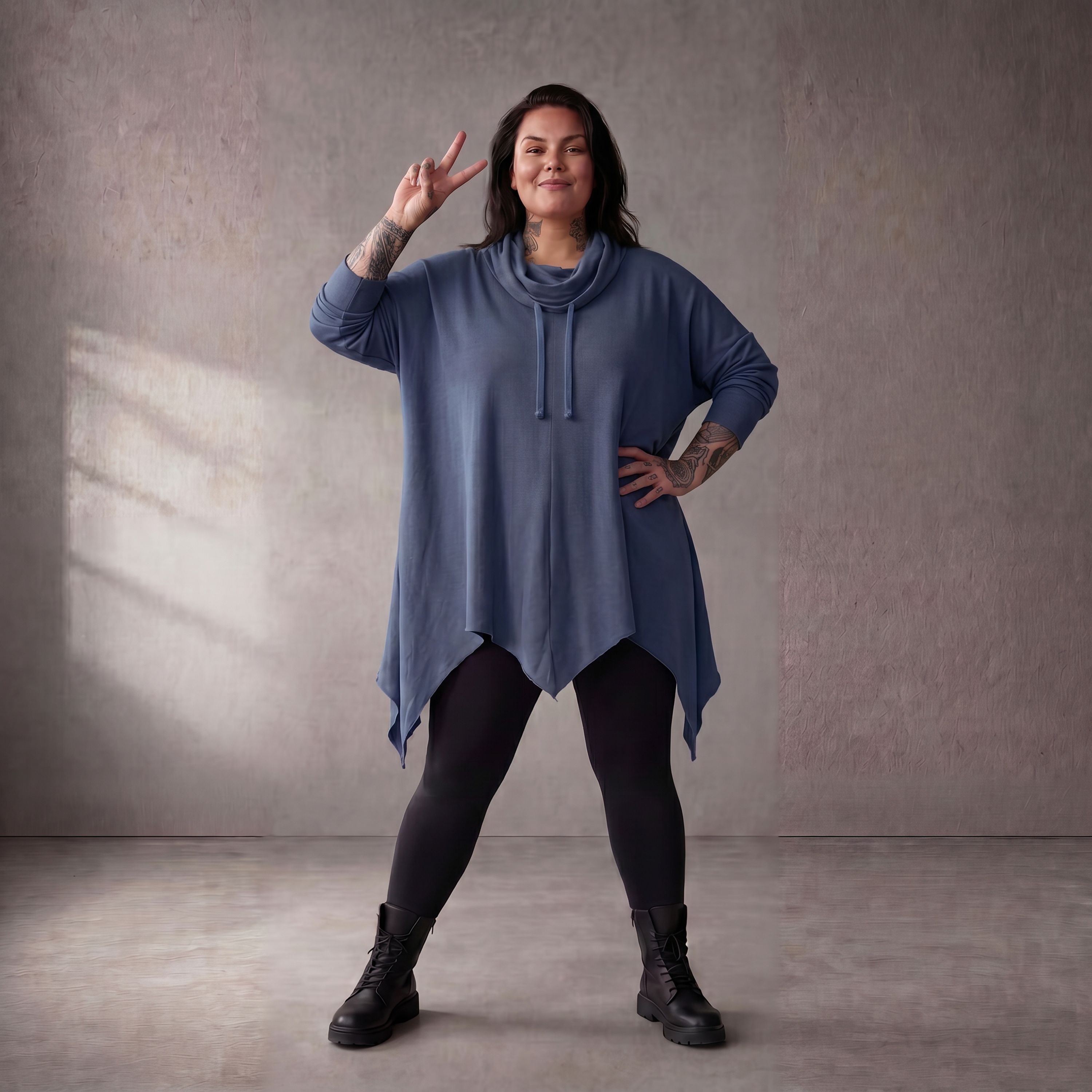 Damen Shirt Lagenlook Baumwolle Jeansblau, Rollkragen, Oversize große Größen – Funky Diva