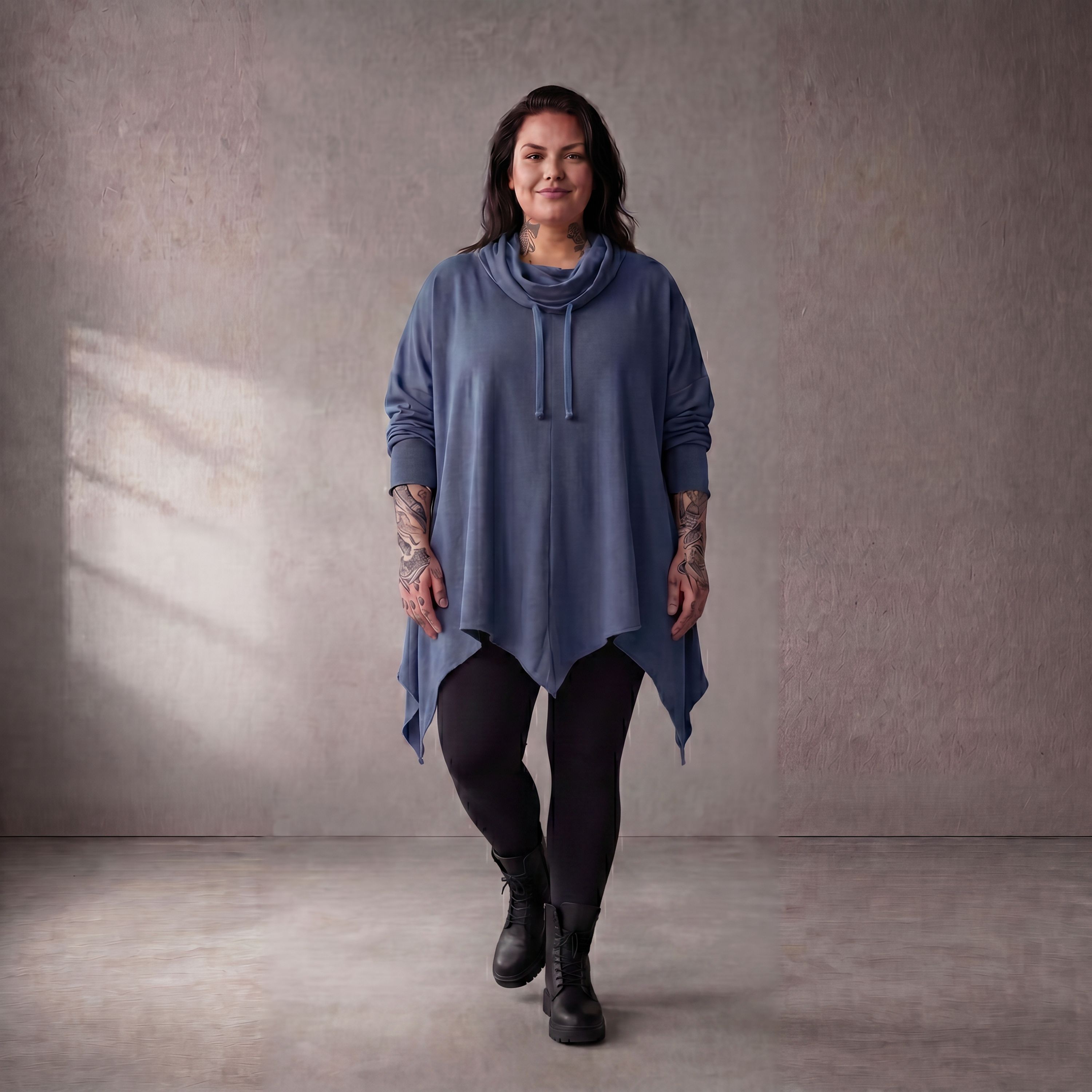Damen Shirt Lagenlook Baumwolle Jeansblau, Rollkragen, Oversize große Größen – Funky Diva