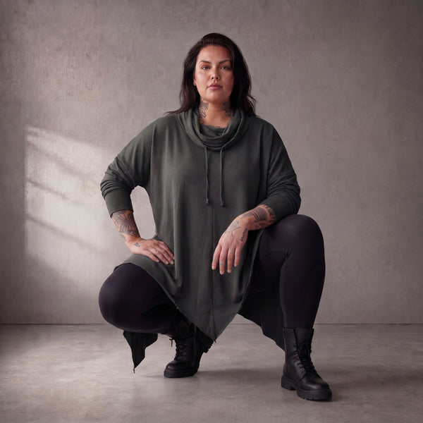 Damen Shirt Lagenlook Baumwolle Anthrazit, A-Linie, 7/8-Arm, Rollkragen, Oversize große Größen – Funky Diva