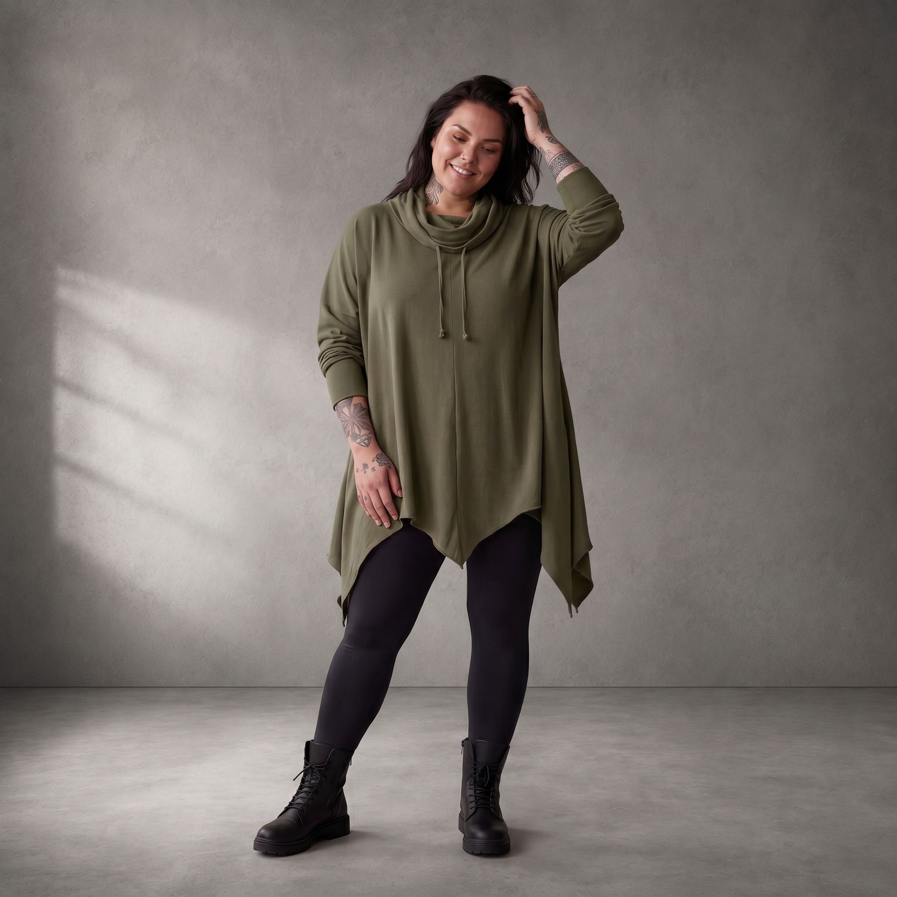 Damen Shirt Lagenlook Baumwolle Khaki, A-Linie, Rollkragen, Oversize große Größen – Funky Diva