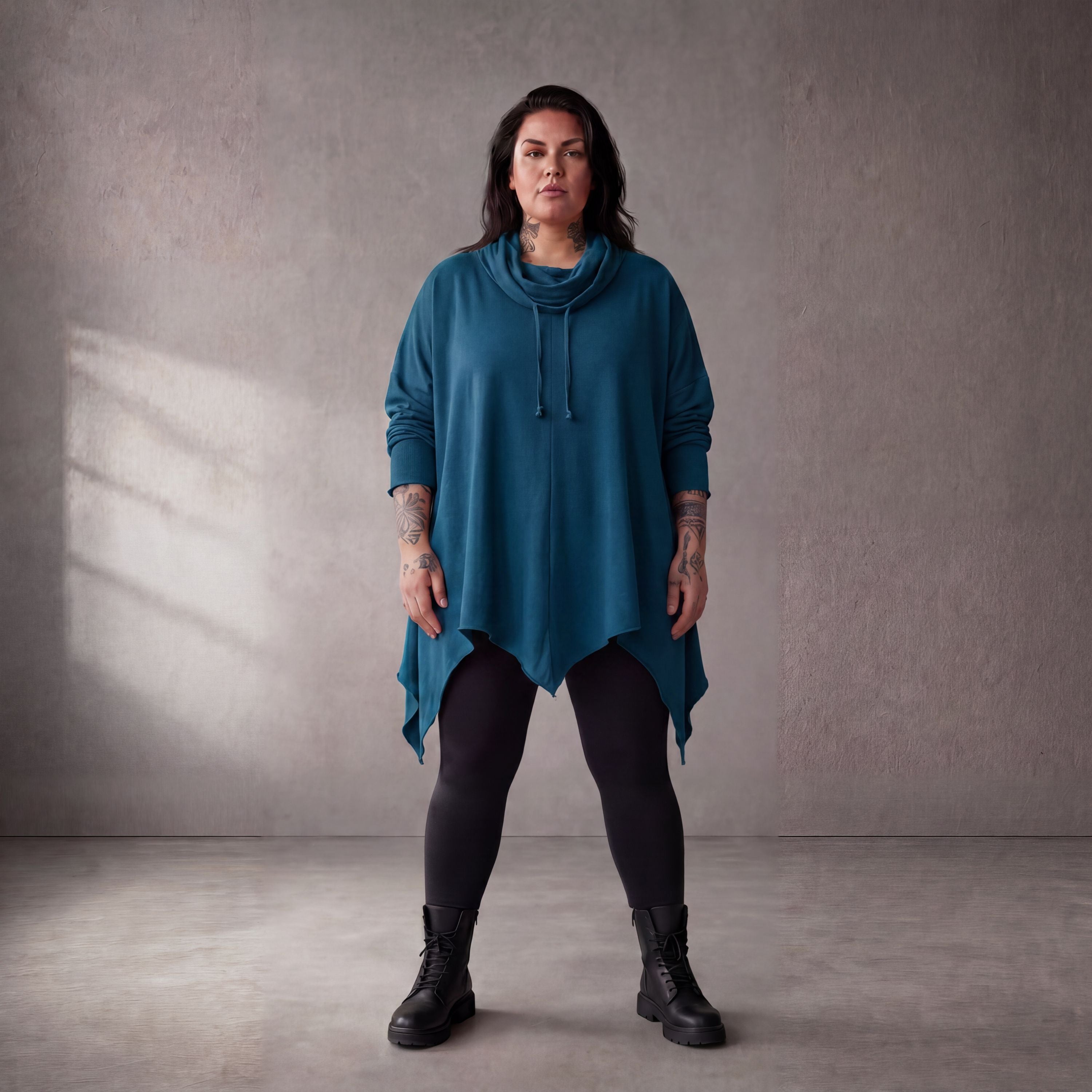 Damen Shirt Lagenlook Baumwolle Petrol, A-Linie, Rollkragen, Oversize große Größen – Funky Diva