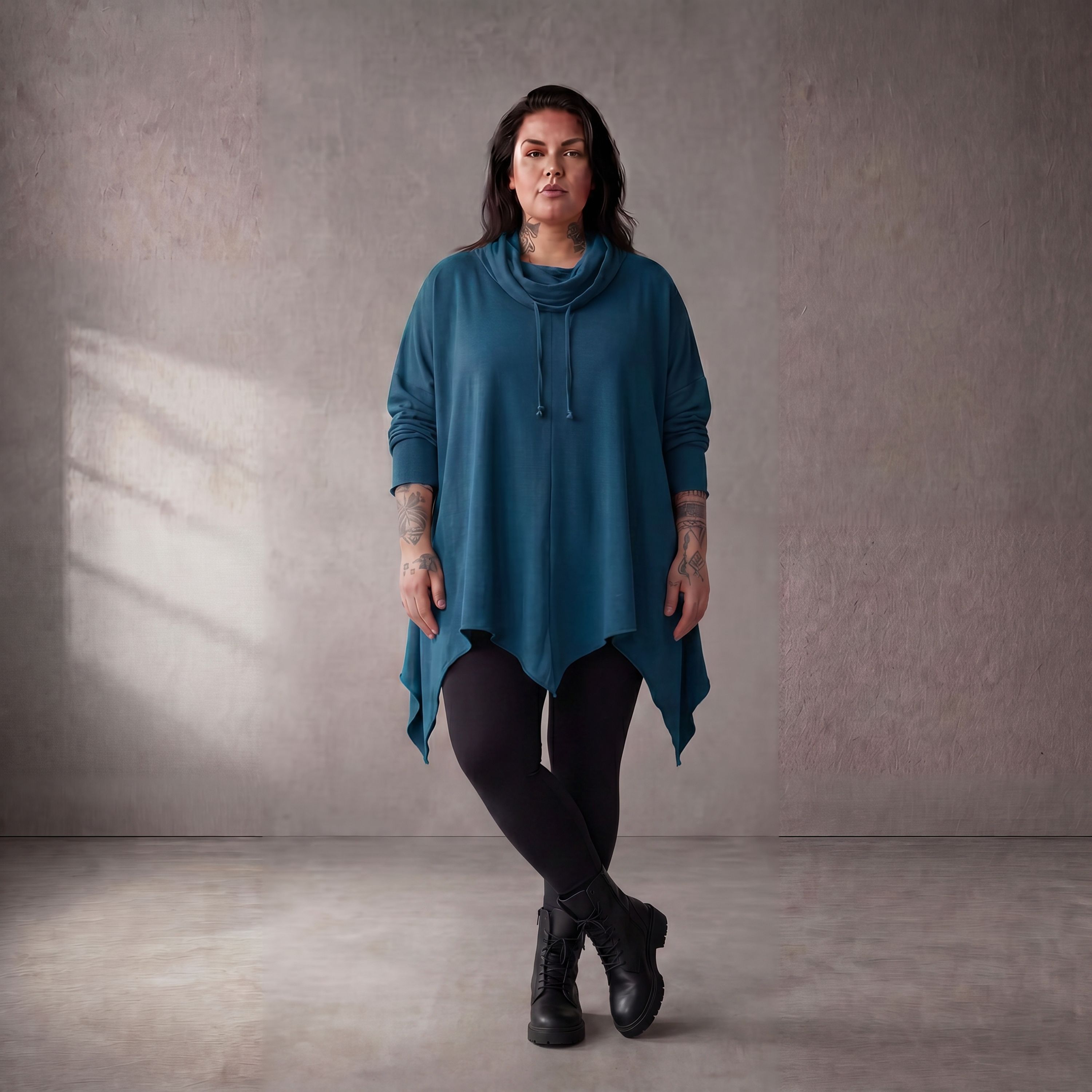 Damen Shirt Lagenlook Baumwolle Petrol, A-Linie, Rollkragen, Oversize große Größen – Funky Diva