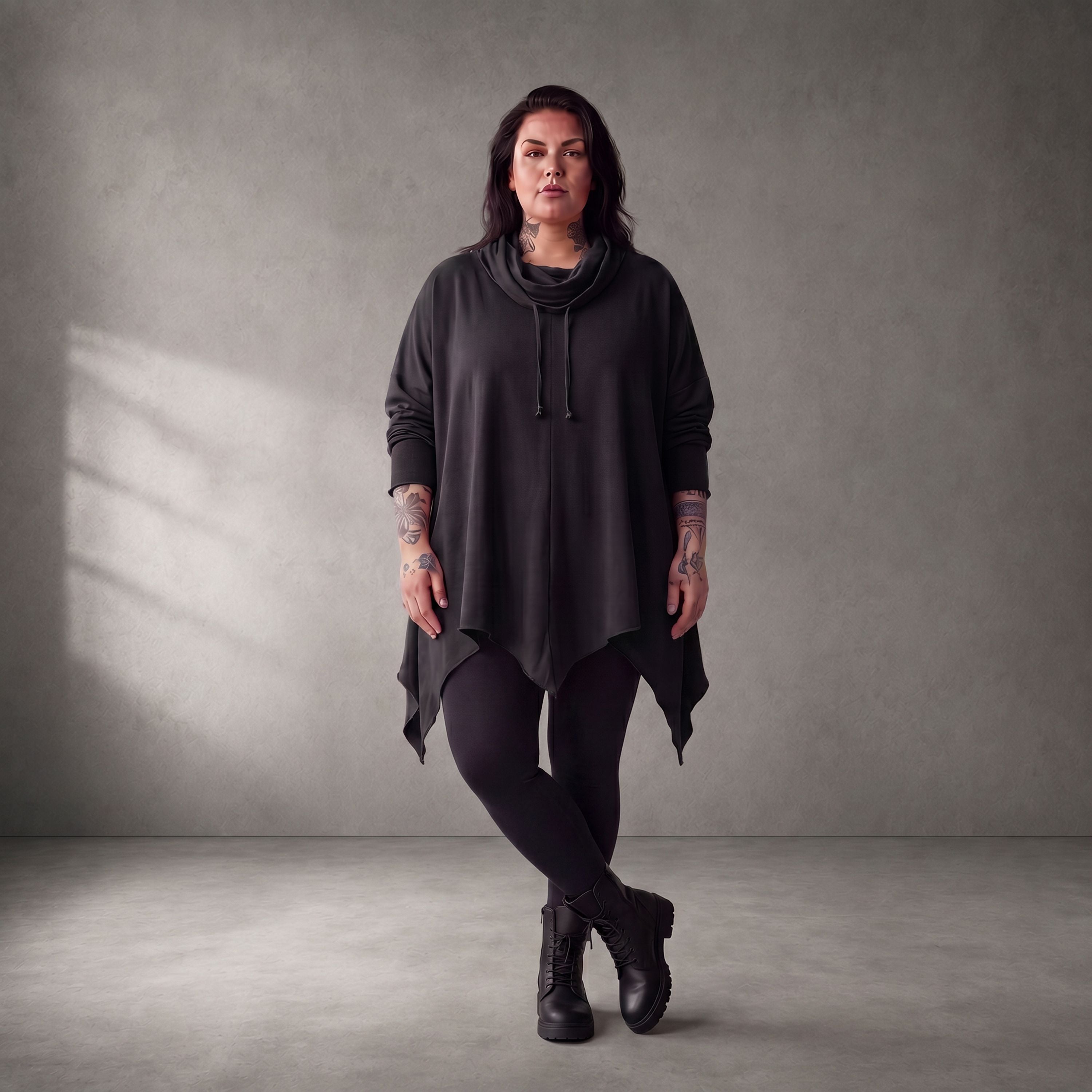 Damen Shirt Lagenlook Baumwolle Schwarz, A-Linie, 7/8-Arm, Rollkragen, Oversize große Größen – Funky Diva