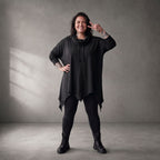 Damen Shirt Lagenlook Baumwolle Schwarz, A-Linie, 7/8-Arm, Rollkragen, Oversize große Größen – Funky Diva