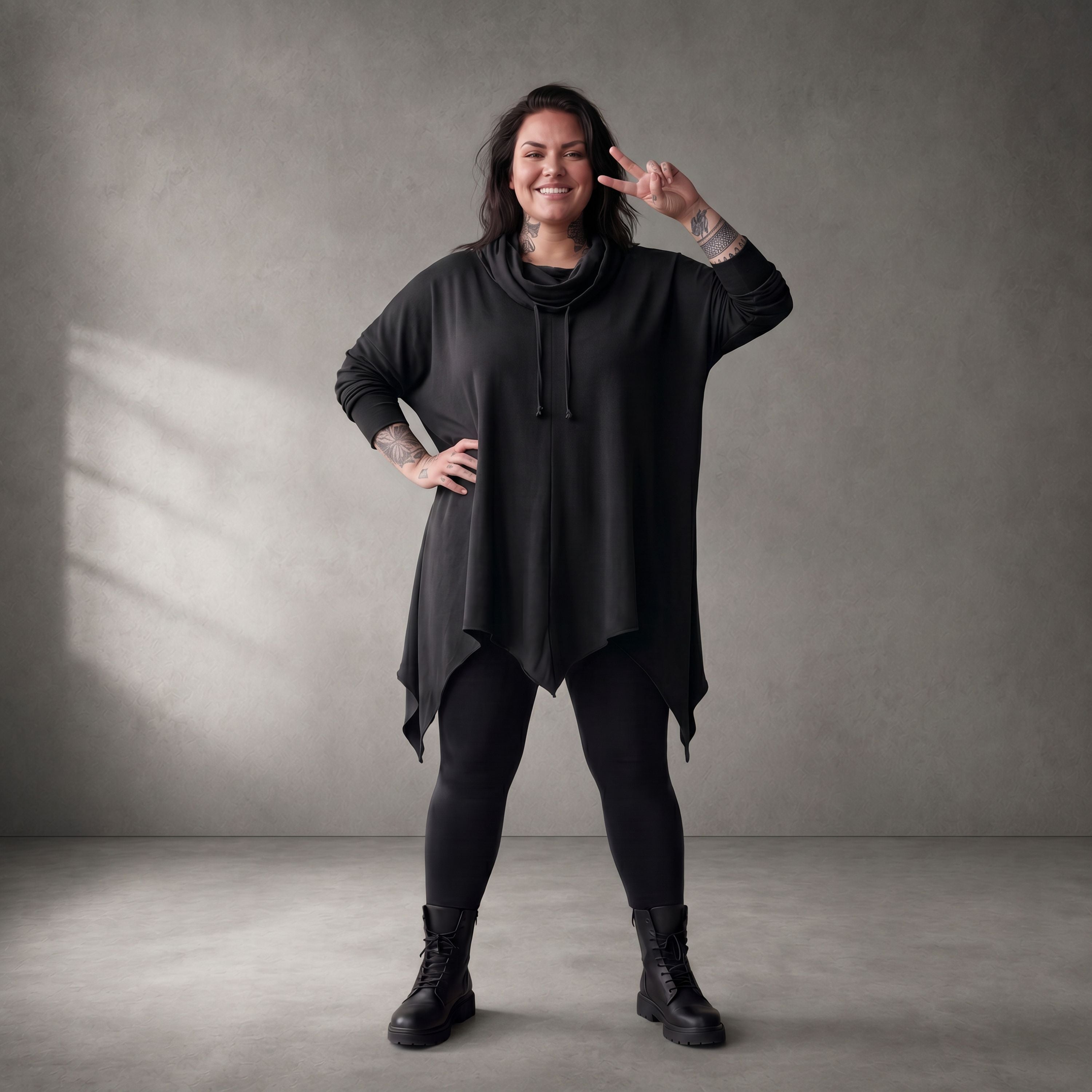 Damen Shirt Lagenlook Baumwolle Schwarz, A-Linie, 7/8-Arm, Rollkragen, Oversize große Größen – Funky Diva