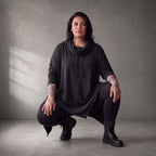 Damen Shirt Lagenlook Baumwolle Schwarz, A-Linie, 7/8-Arm, Rollkragen, Oversize große Größen – Funky Diva