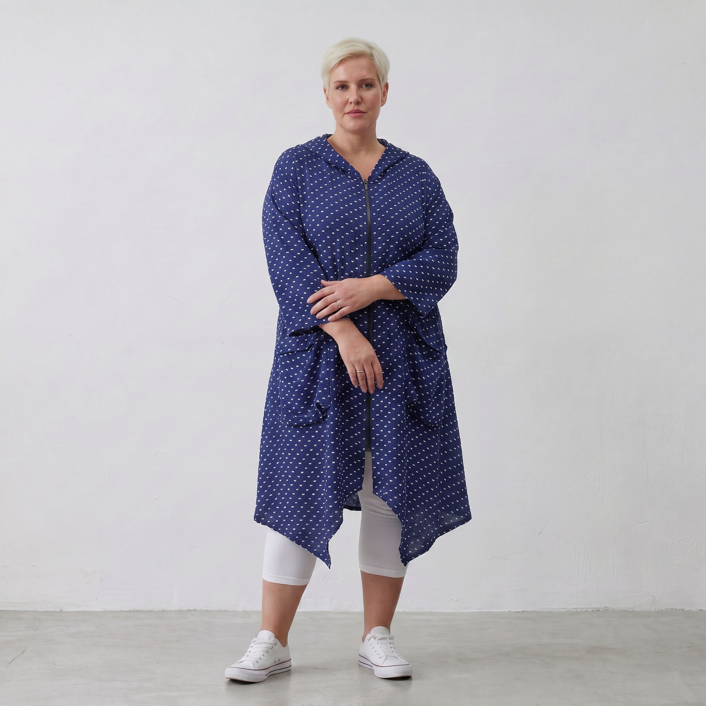Zeitloser Oversize Lagenlook Mantel in DunkelblauWeiß Karo leger edel sommerlich weich