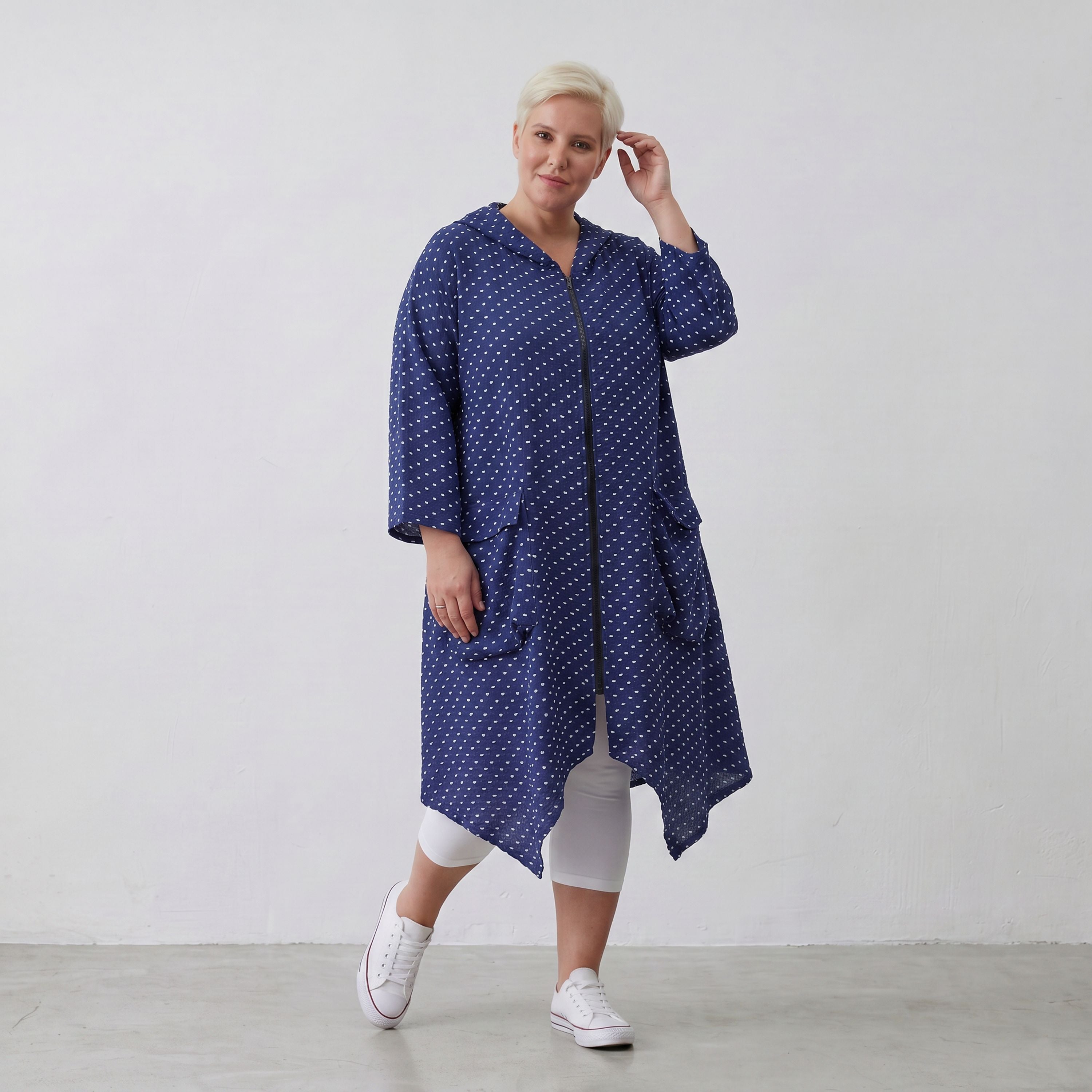 Zeitloser Oversize Lagenlook Mantel in DunkelblauWeiß Karo leger edel sommerlich weich