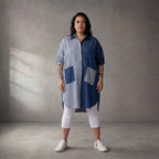 Zeitlose Oversize Popelinebluse in Blau Weiss legerer Lagenlook mit Hemdkragen neu luftig