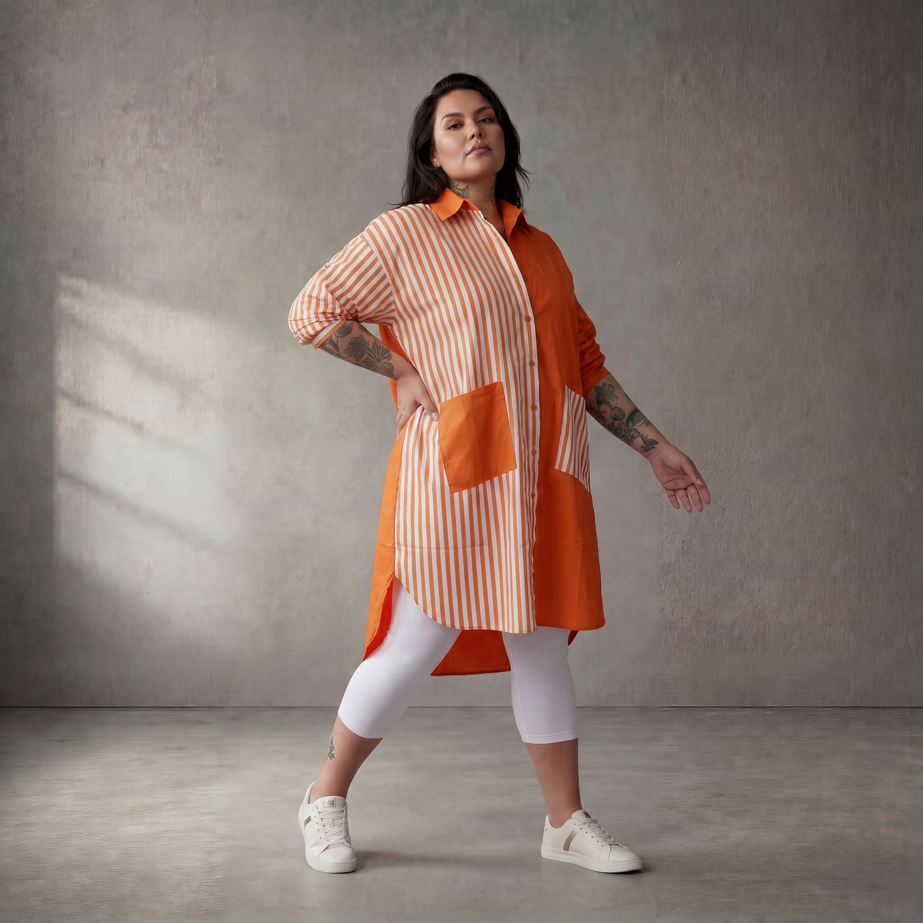 Leichte Popelinebluse in Orange/Weiß Oversize Look leger zeitlos mit Hemdkragen modern