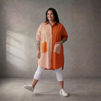 Leichte Popelinebluse in Orange/Weiß Oversize Look leger zeitlos mit Hemdkragen modern