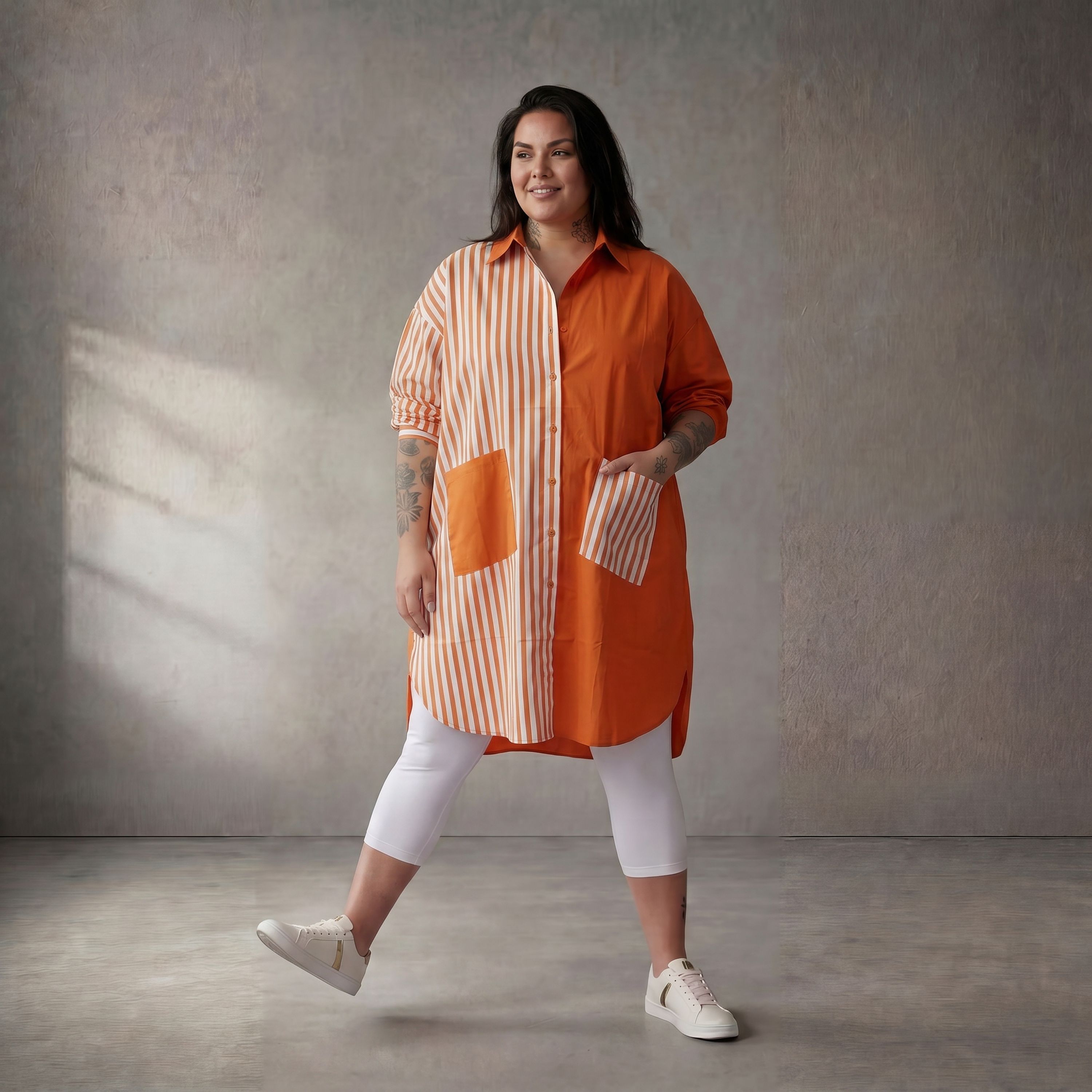 Leichte Popelinebluse in Orange/Weiß Oversize Look leger zeitlos mit Hemdkragen modern