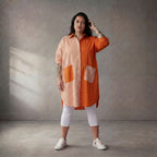 Leichte Popelinebluse in Orange/Weiß Oversize Look leger zeitlos mit Hemdkragen modern