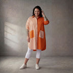 Leichte Popelinebluse in Orange/Weiß Oversize Look leger zeitlos mit Hemdkragen modern