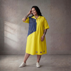 Leichte Baumwolltunika im Gelb Blau Mix Oversize leger zeitlos mit Hemdkragen Taschen