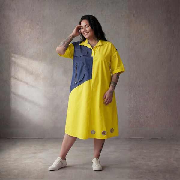 Leichte Baumwolltunika im Gelb Blau Mix Oversize leger zeitlos mit Hemdkragen Taschen