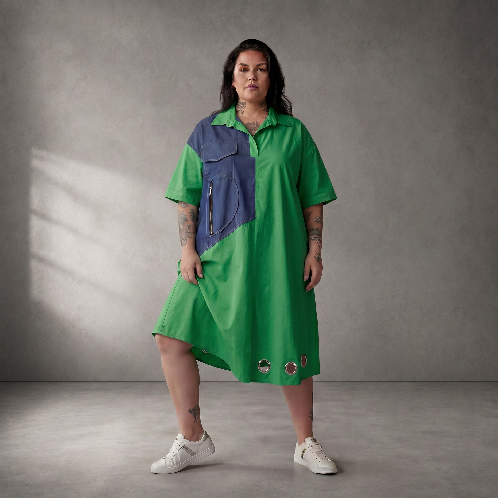 Fliessende Baumwolltunika in Grün Blau im Lagenlook Oversize leger zeitlos schick neu