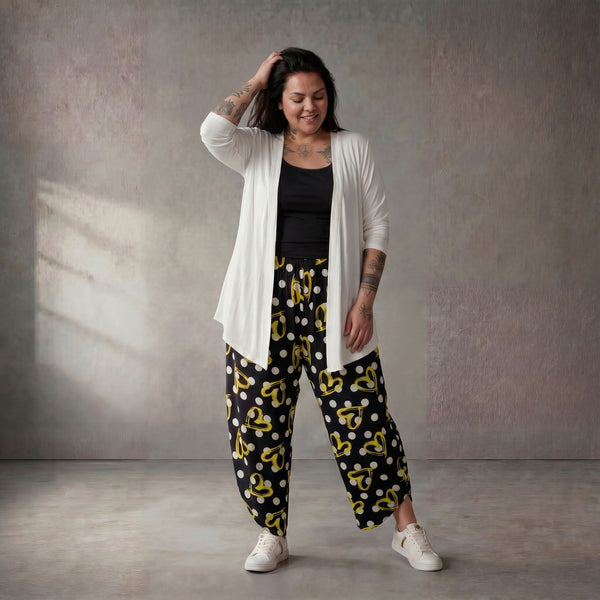 Ausgefallene Ballonhose in Schwarz Weiß Gelb Viskose leicht leger Lagenlook Oversize cool