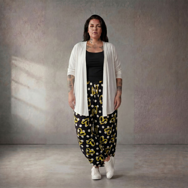 Ausgefallene Ballonhose in Schwarz Weiß Gelb Viskose leicht leger Lagenlook Oversize cool