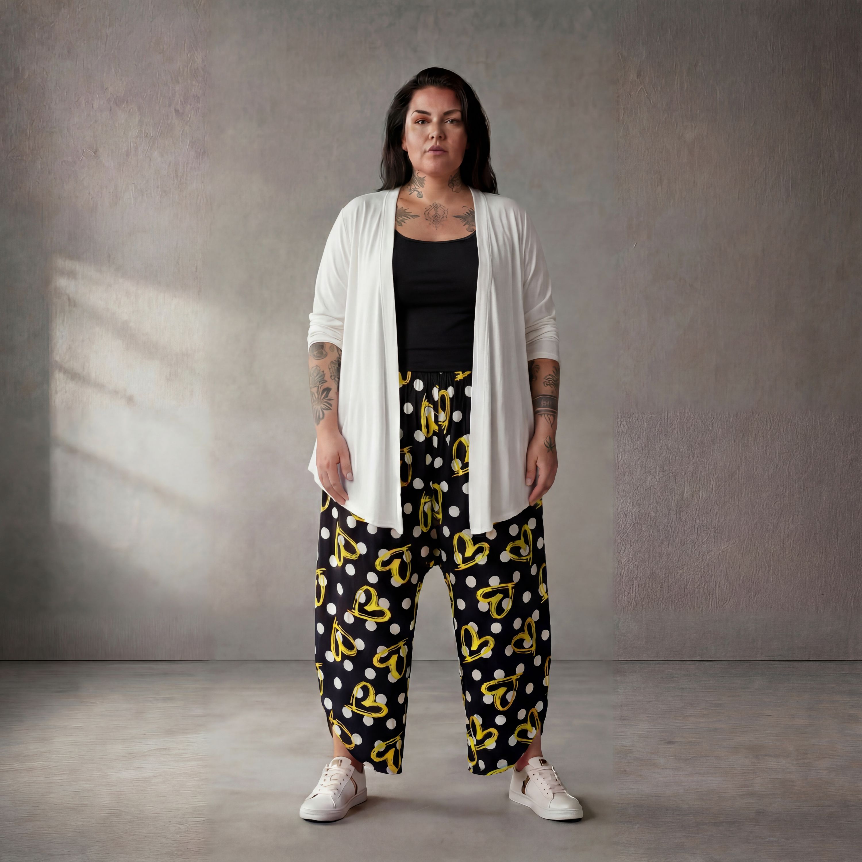 Ausgefallene Ballonhose in Schwarz Weiß Gelb Viskose leicht leger Lagenlook Oversize cool