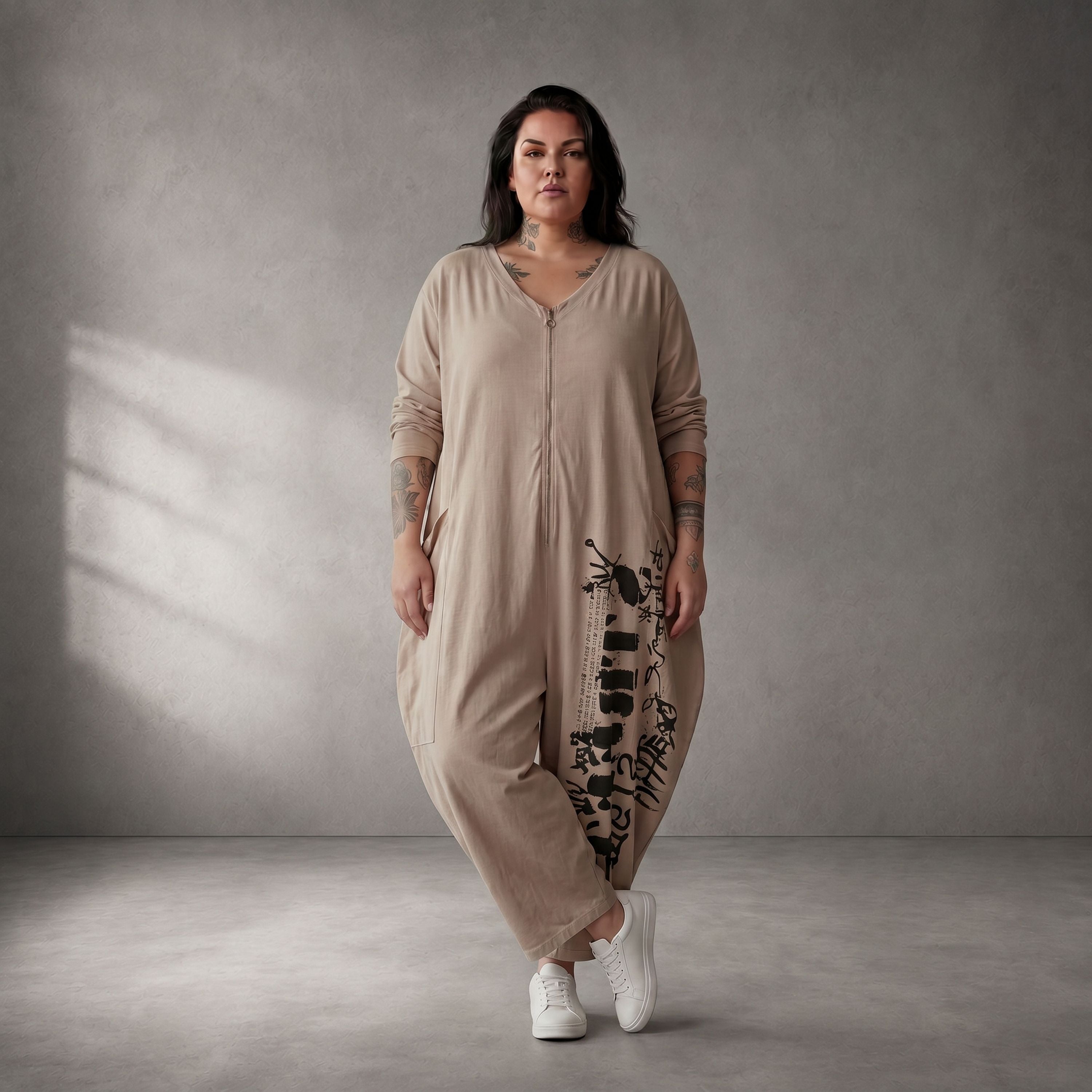 Zeitlos leger Oversize Jumpsuit in Beige aus softer Baumwolle mit V Ausschnitt Lagenlook