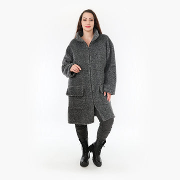  Stylische Jacke im Lagenlook aus warmem Teddy-Materialmix in Dunkelgrau für einen trendigen Look