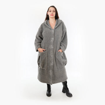  Kuscheliger grau Lagenlook-Mantel aus flauschigem Teddy-Stoff für Plus Size und lässigen Stil