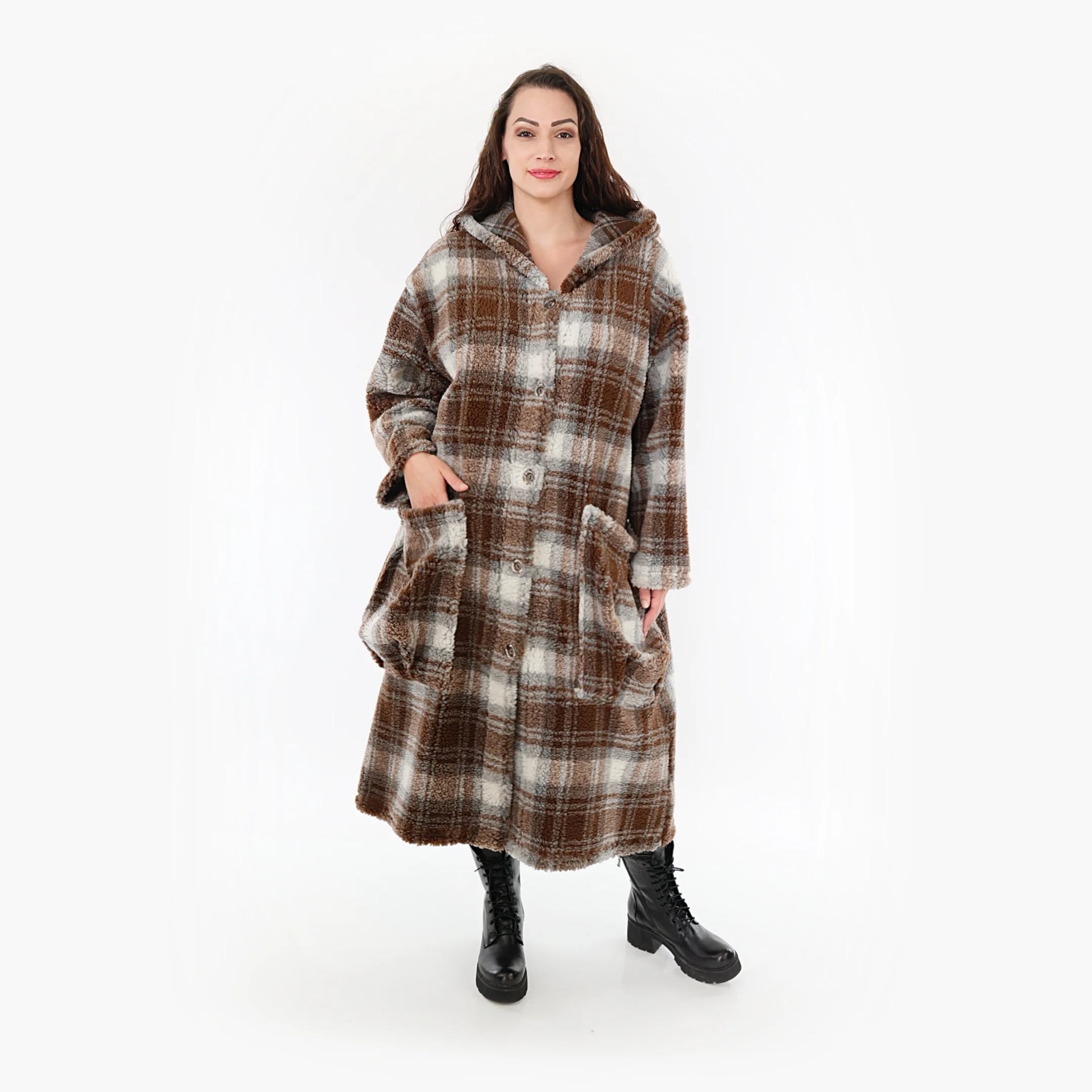  Kuscheliger Lagenlook Mantel in Braun mit Teddy-Materialmix für Plus Size in Oversized Schnitt