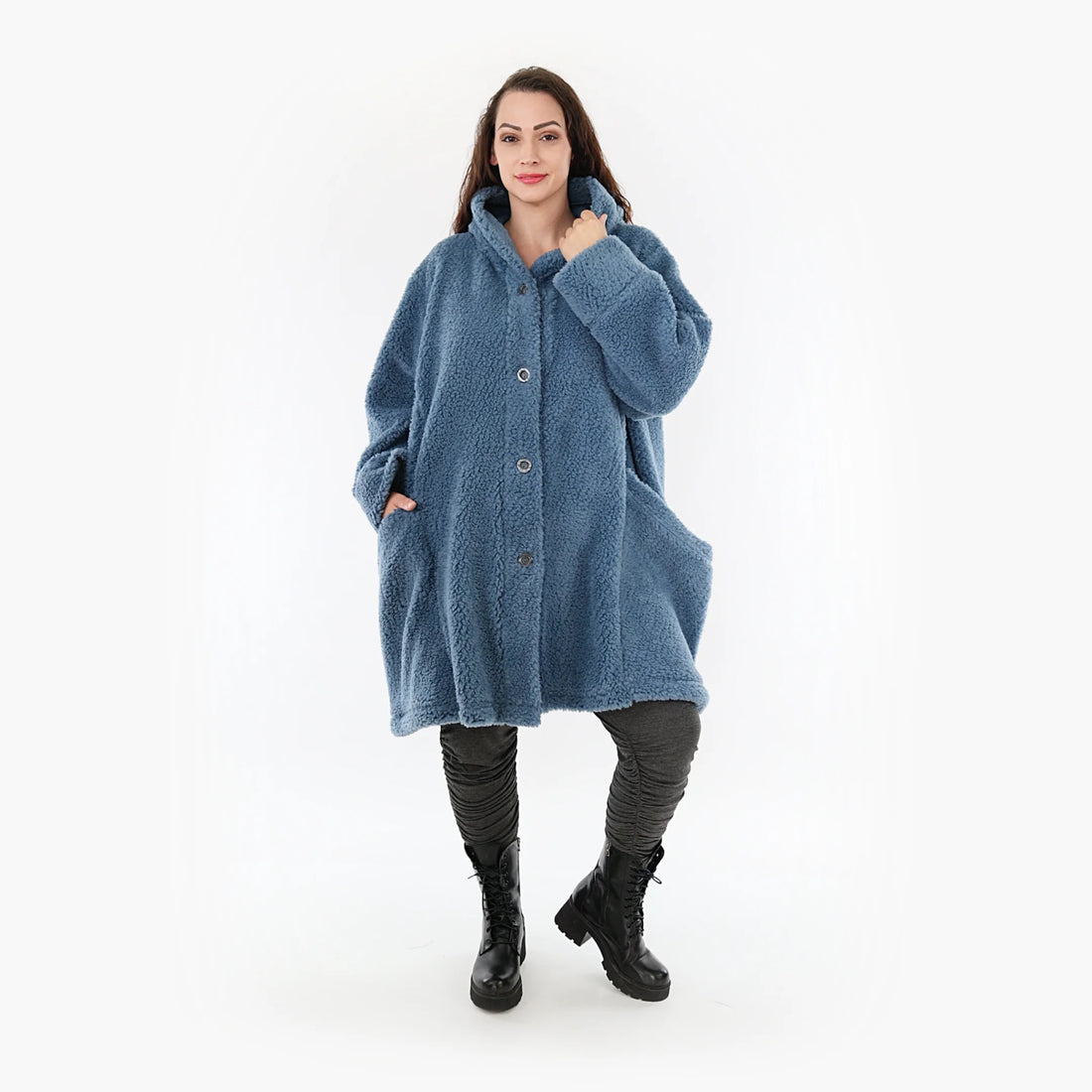  Trendige Ballonjacke in Blau für Plus Size Fashion – warm, weich und lässig mit Kapuze und Taschen