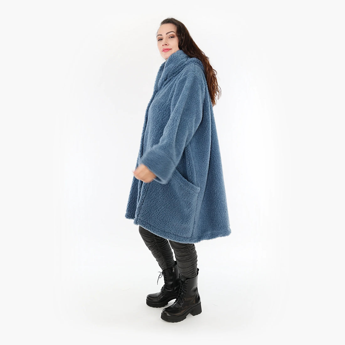  Trendige Ballonjacke in Blau für Plus Size Fashion – warm, weich und lässig mit Kapuze und Taschen