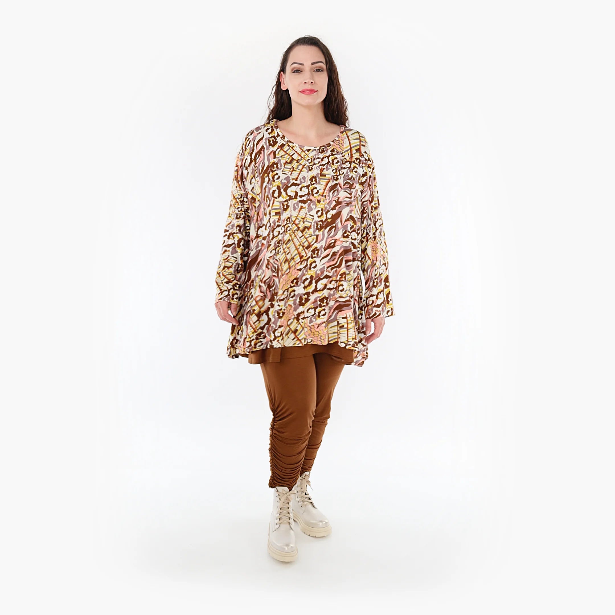  A-Form Bigshirt von AKH Fashion aus Viskose, 1355.00593, Cognac-Rose-Weiß, Muster, Schick